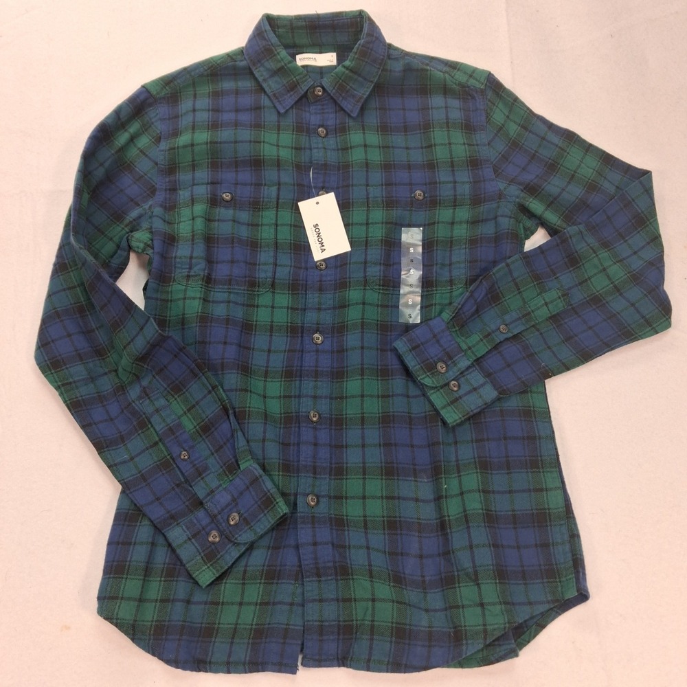Sonoma Flannel Shirt Mens S MS53W120RR1 Green Blue Plaid Button Down NEW